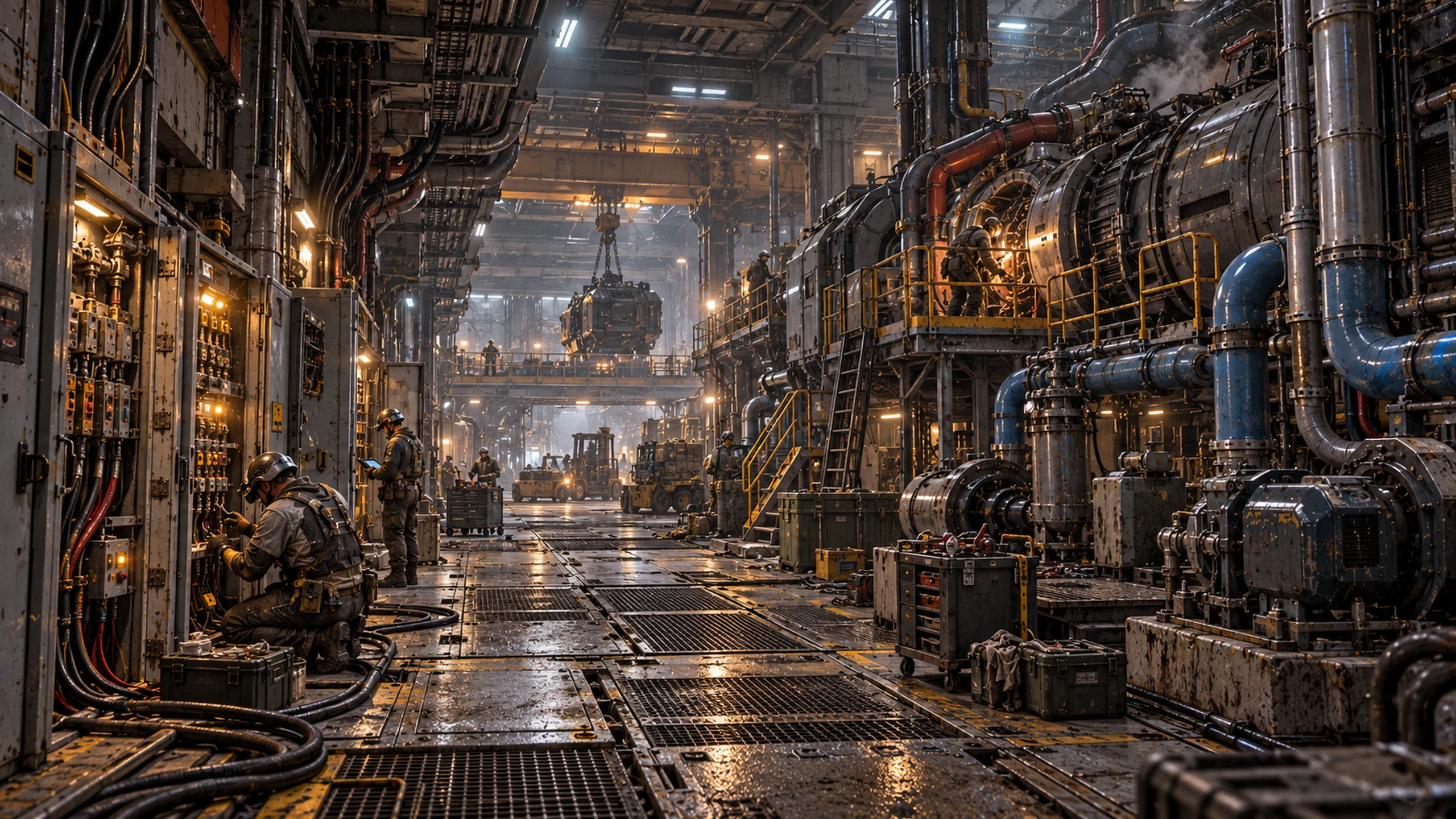 Technicians maintain power and cooling machinery inside the Carrier.