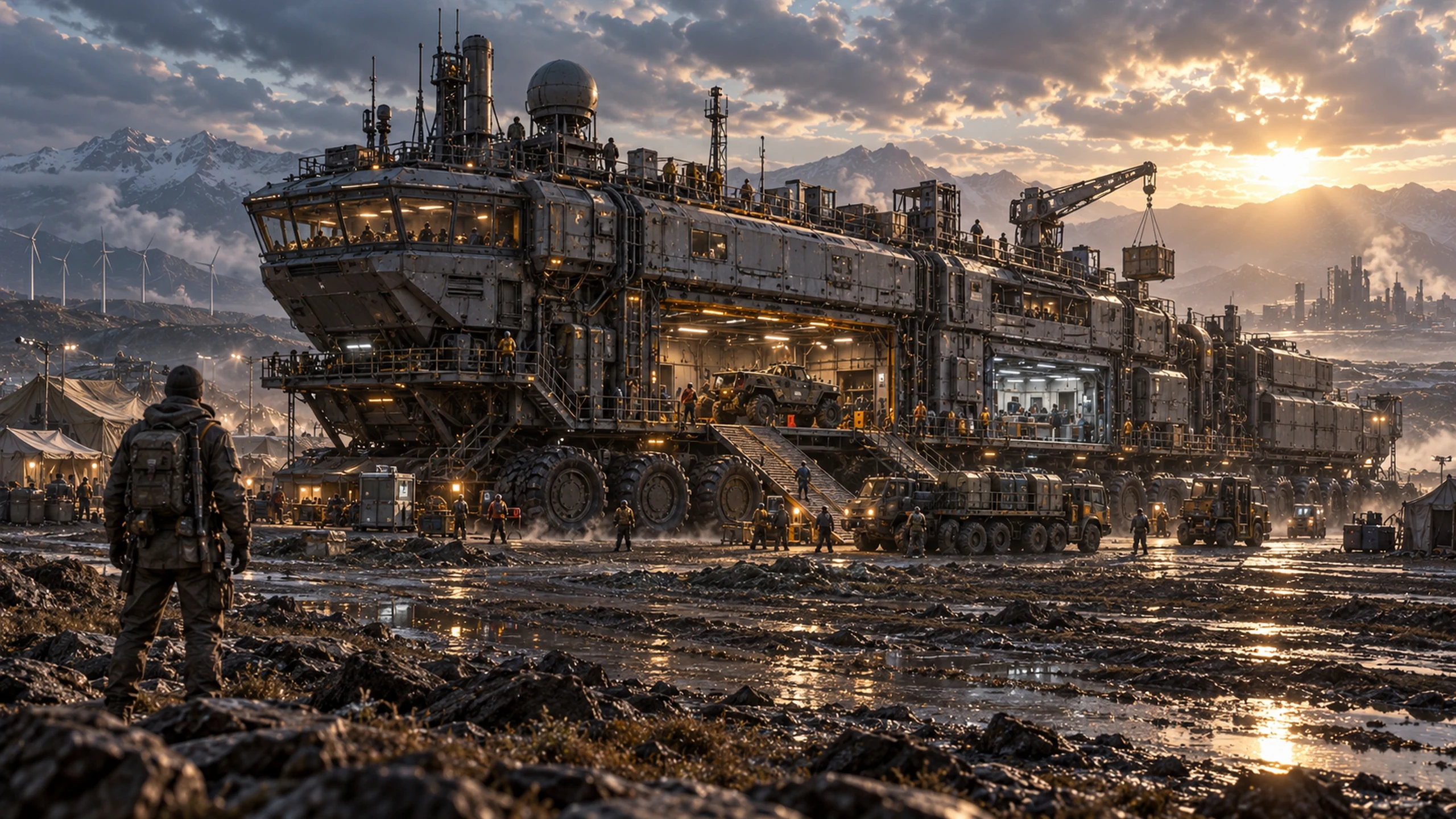 An immense wheeled Command Carrier dominates a rugged forward base.