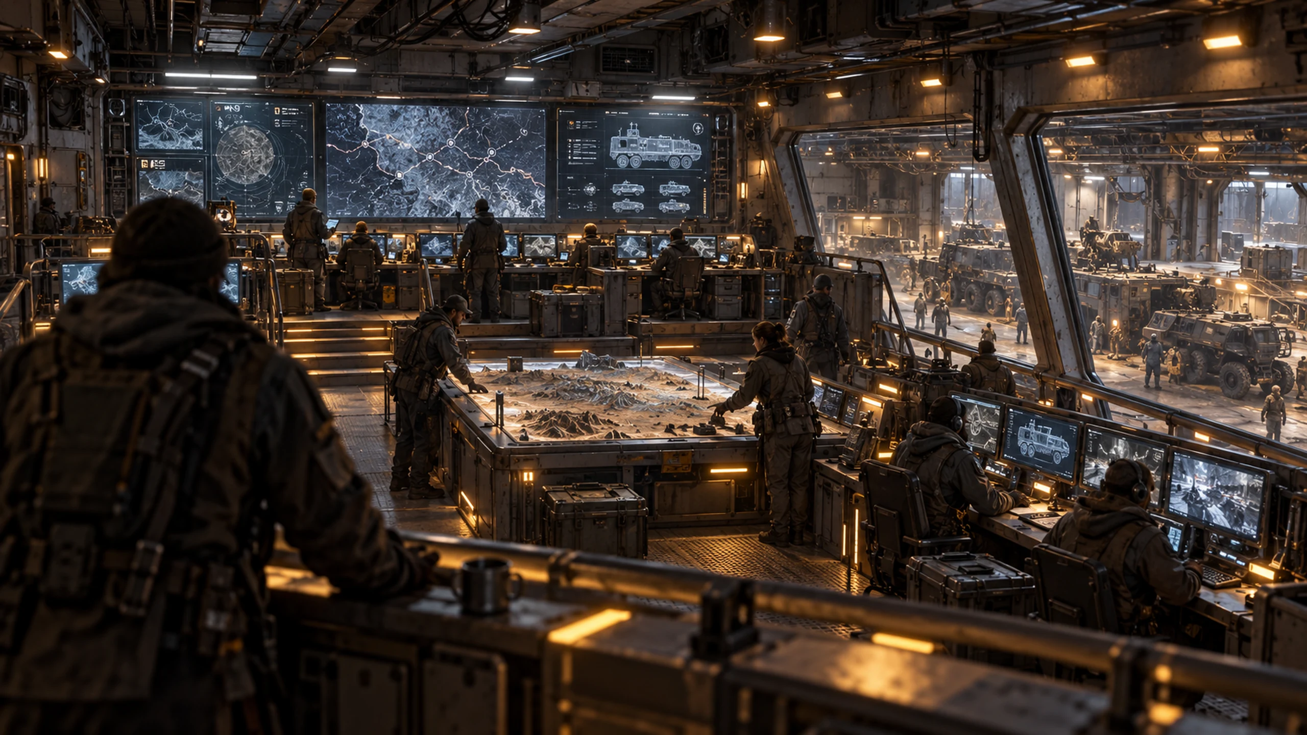Crew coordinate an operation inside the Carrier command room.