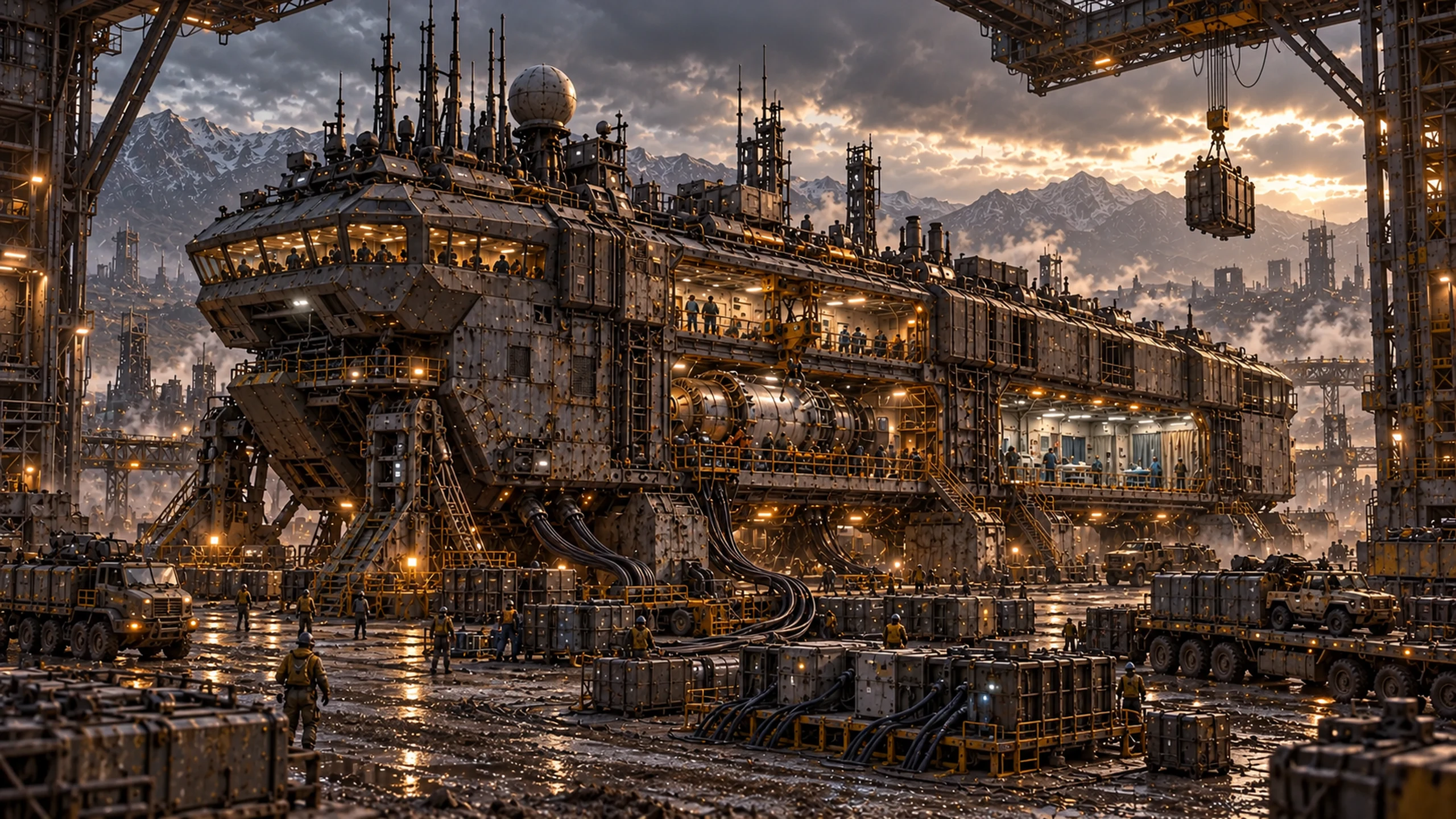 An expanded Command Carrier receives new modules in a vast service dock.
