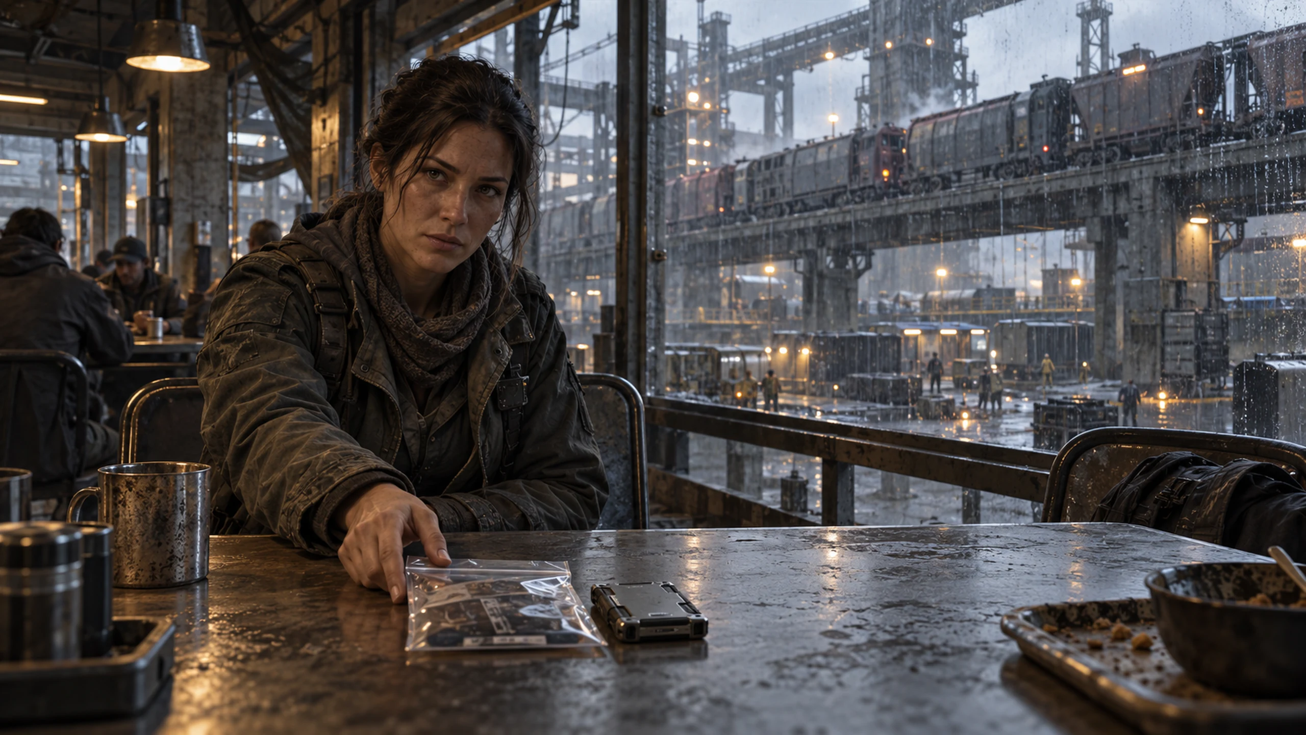 A contact passes sealed evidence across a table above a transit platform.