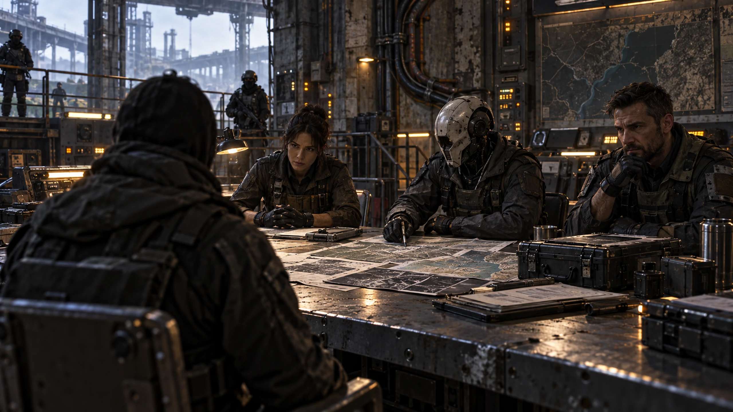 Executives meet a visitor across a secure corporate boardroom table.
