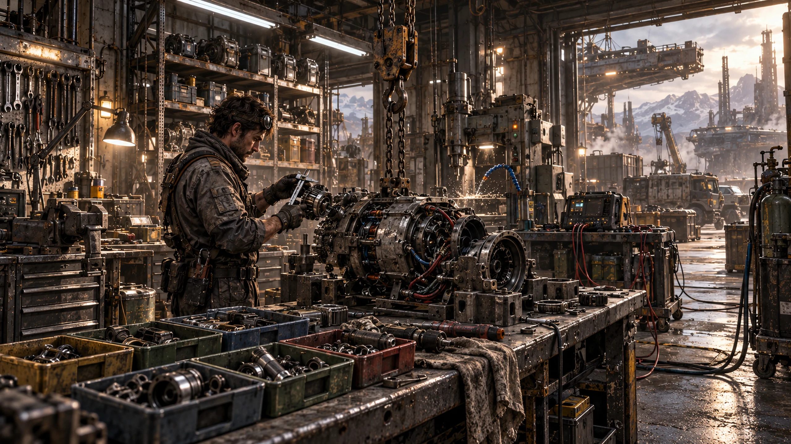 An engineer rebuilds a damaged power unit in a tool-filled workshop.