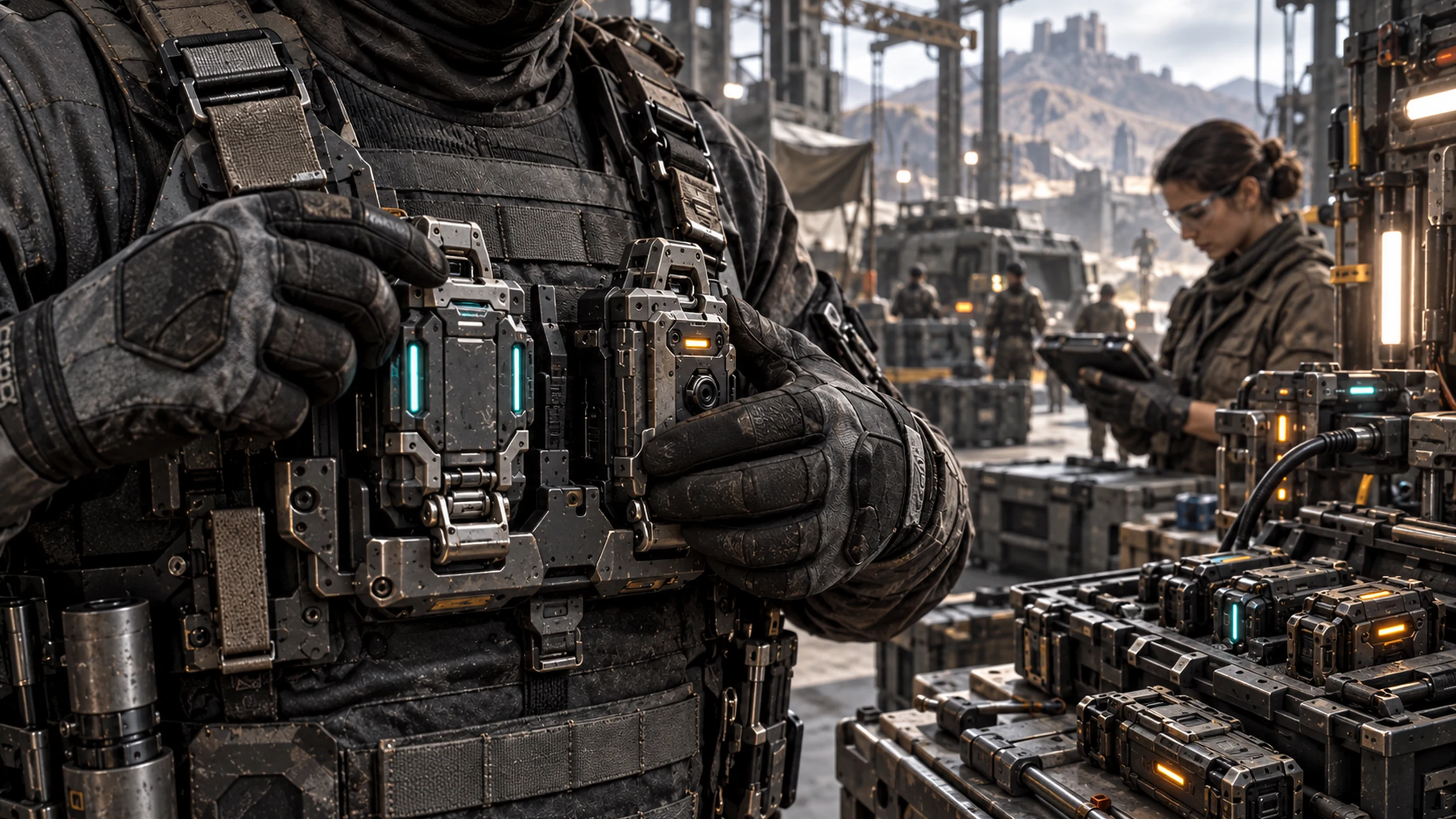 A technician fits two rugged Gem modules into a chest-mounted capability cradle.