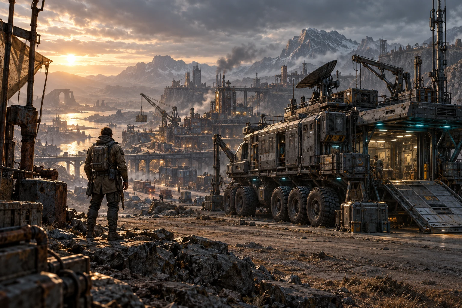 A lone traveller beside a rugged Command Carrier overlooking a rebuilt industrial wasteland settlement