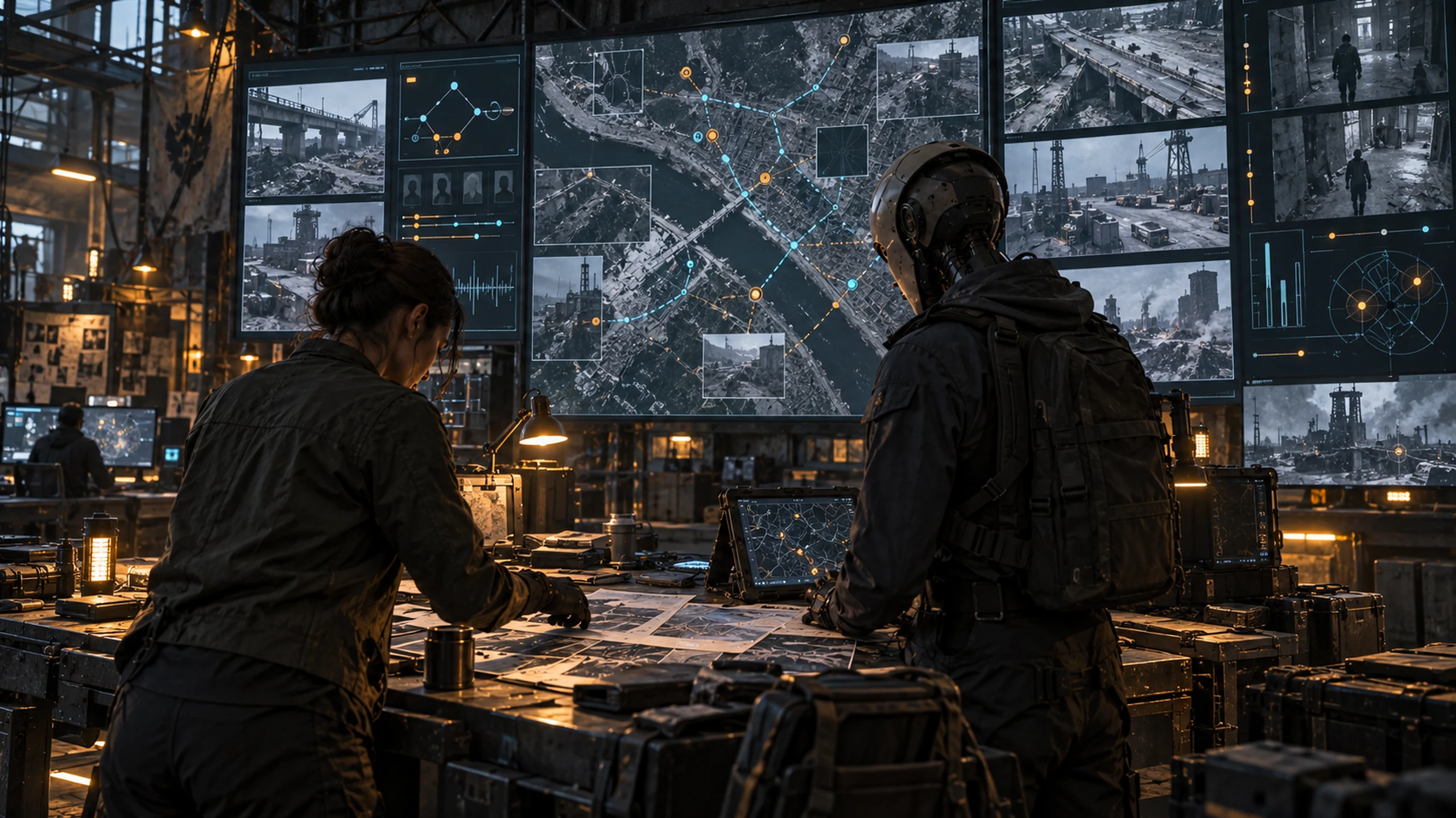 An analyst correlates route, sensor and evidence records across rugged displays.