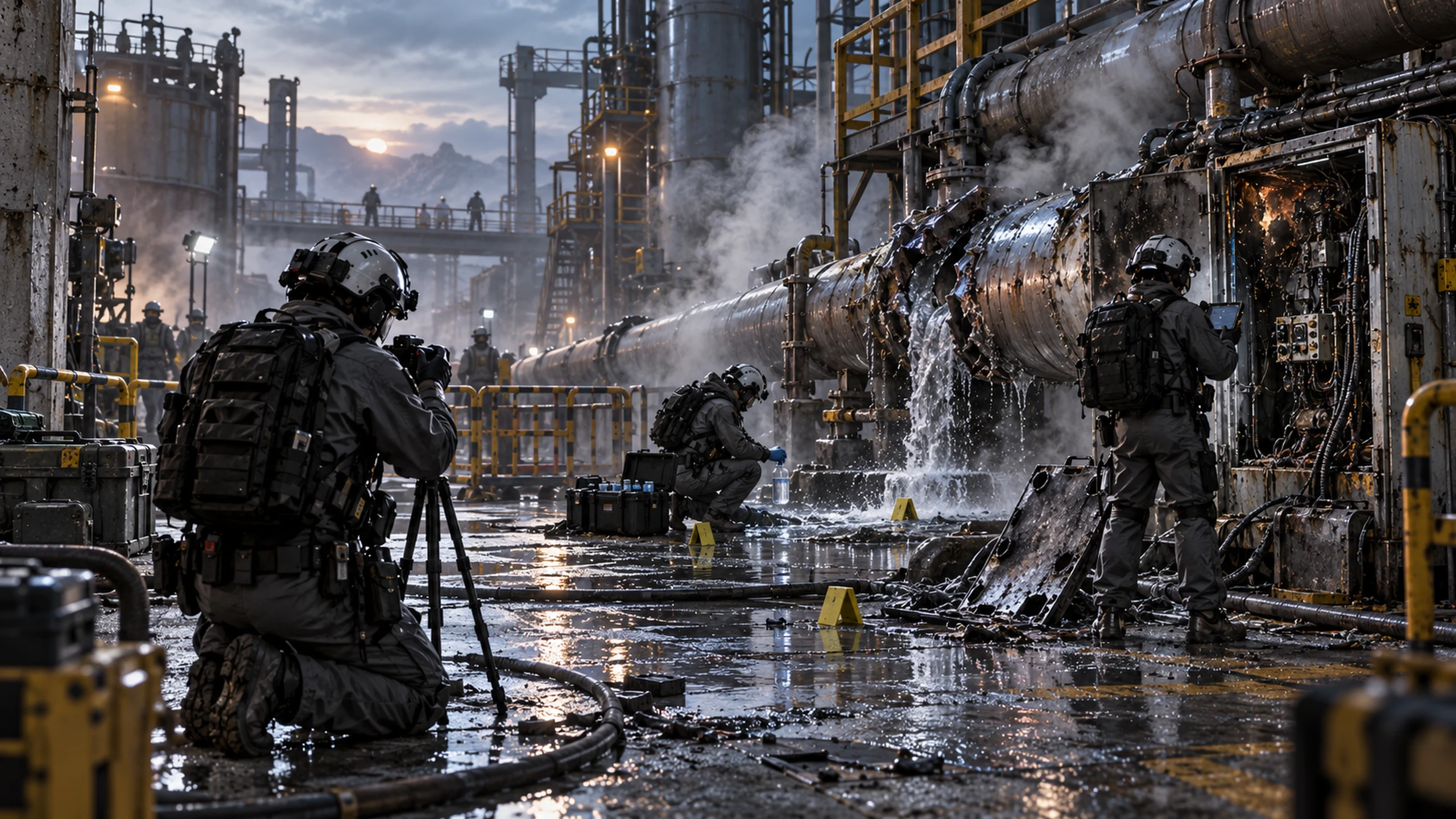 Investigators document damage and recover evidence at a pump station.