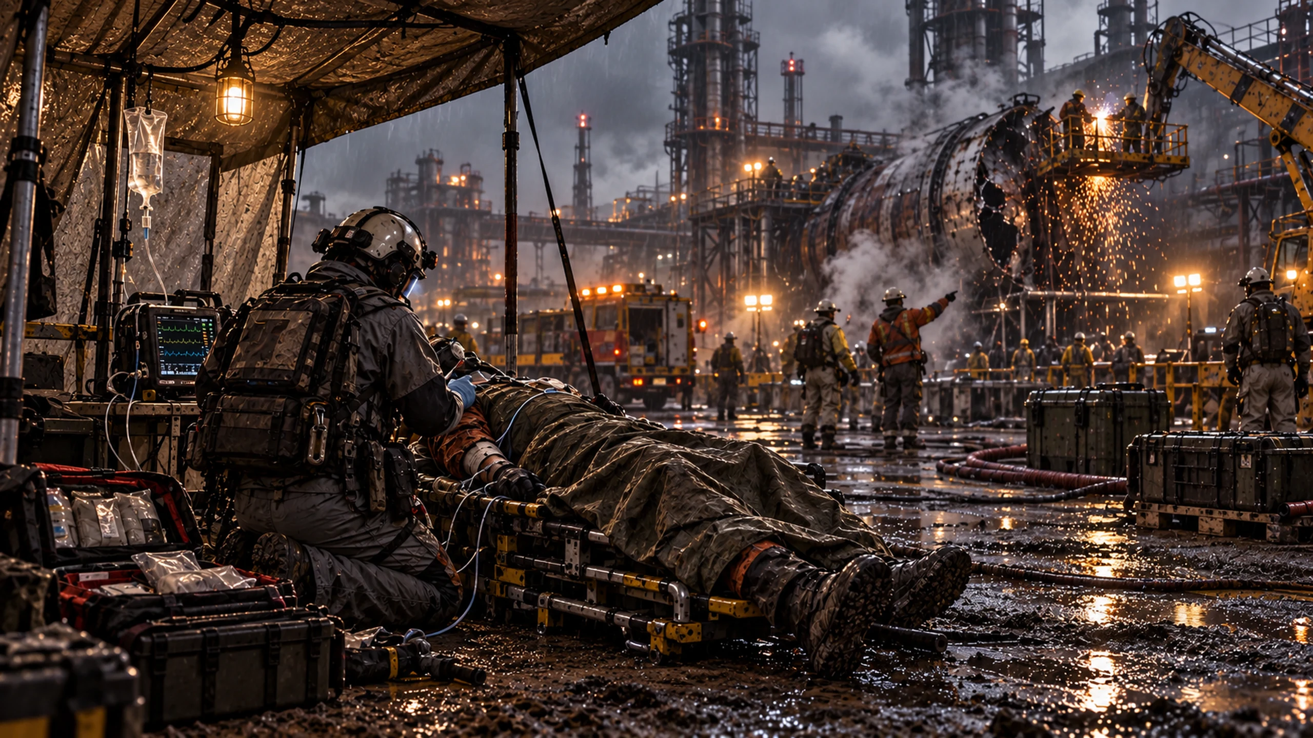 A Medical Specialist stabilises an injured worker at an industrial incident.