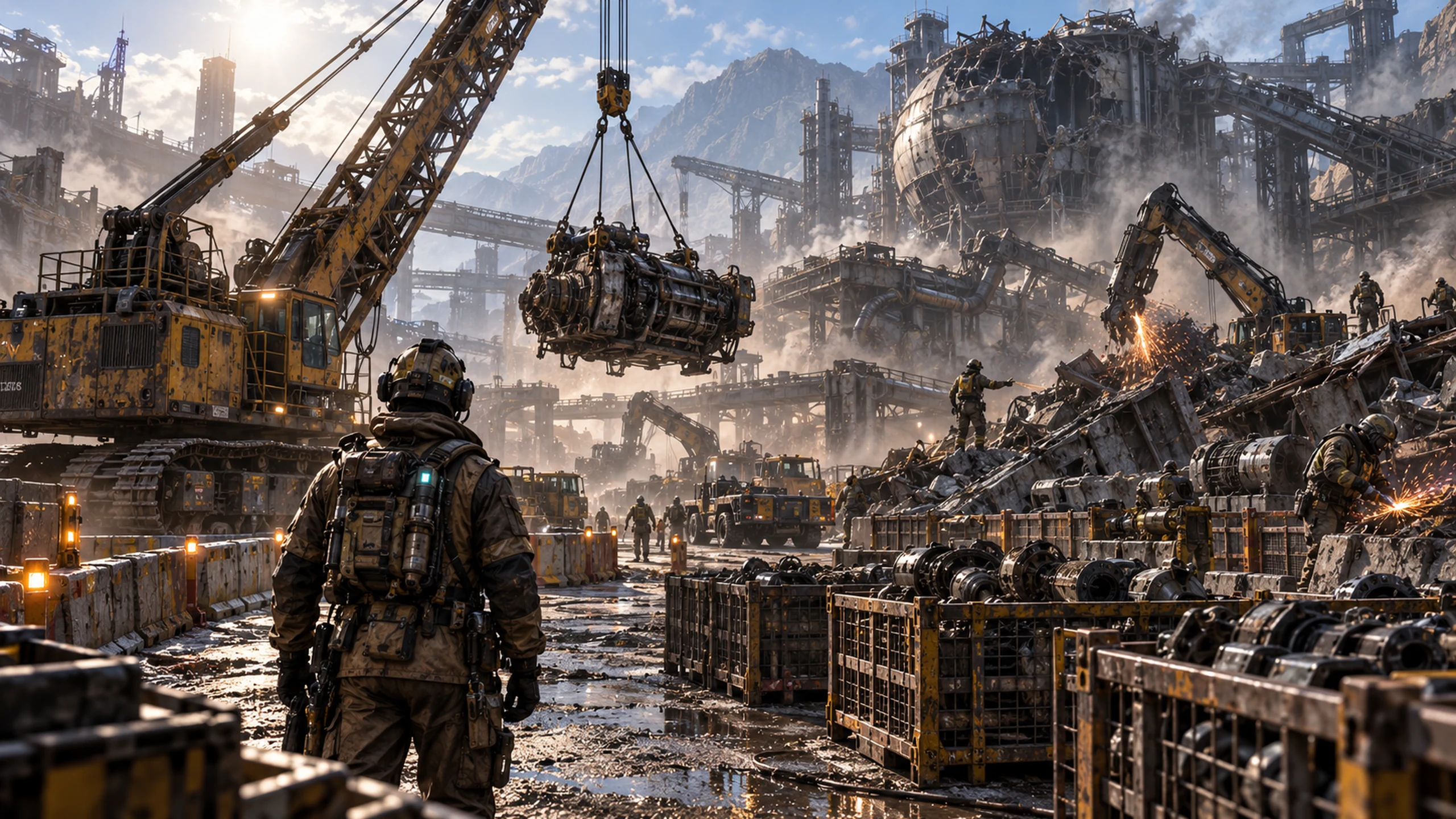 A recovery crew extracts machinery from a collapsed industrial site.