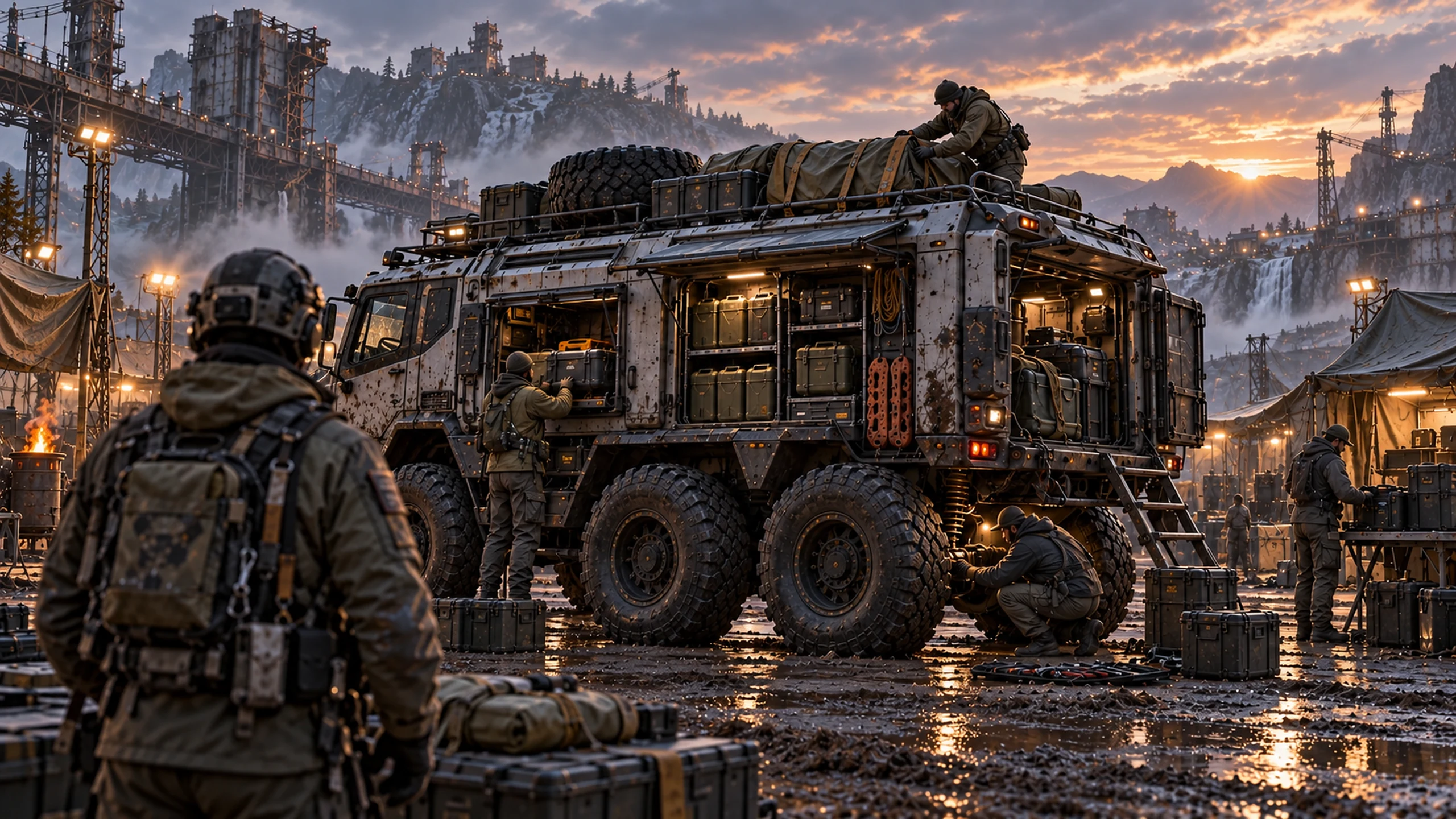A crew loads supplies and checks a rugged vehicle before departure.