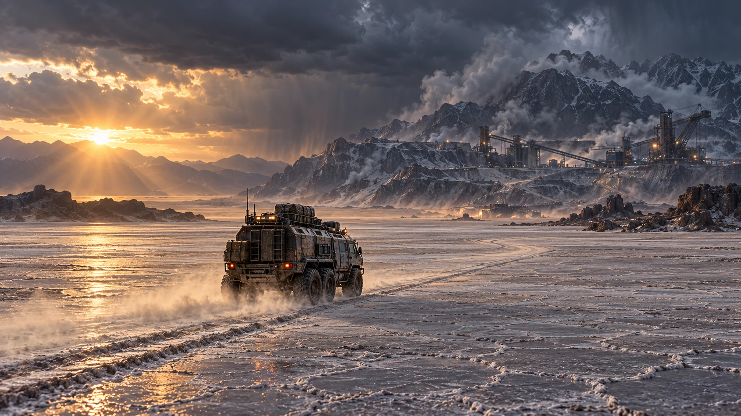 A rugged vehicle crosses a vast salt basin beneath approaching storms.