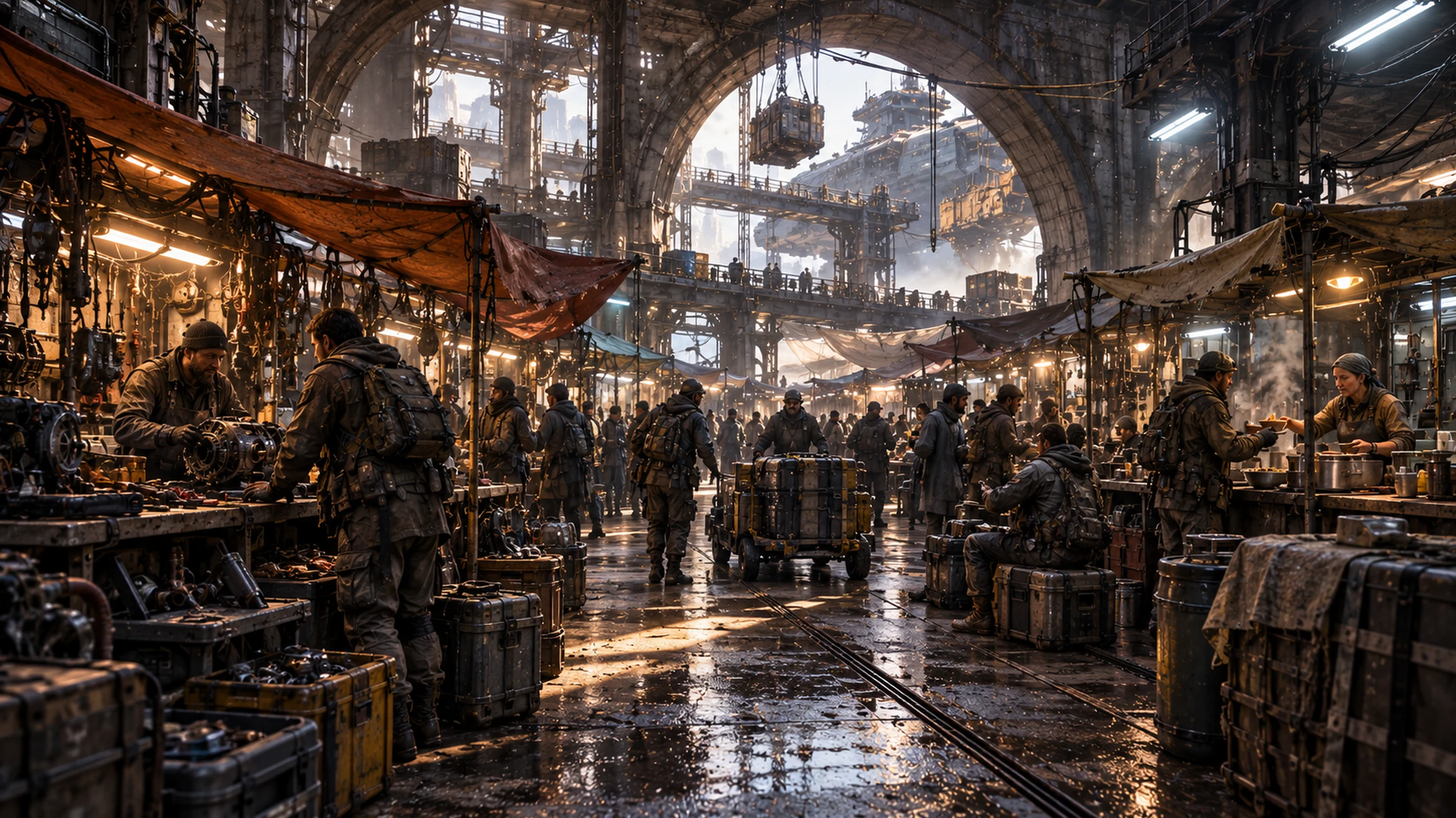 People trade components and repair equipment inside a busy industrial market.