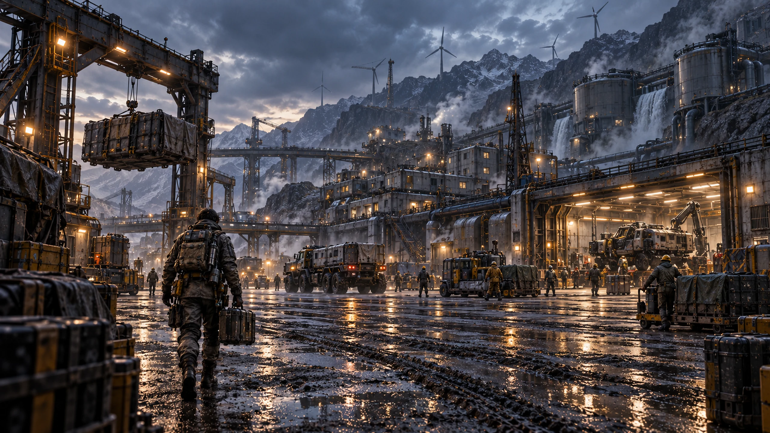A lone traveller approaches a rain-wet industrial settlement in a mountain basin.