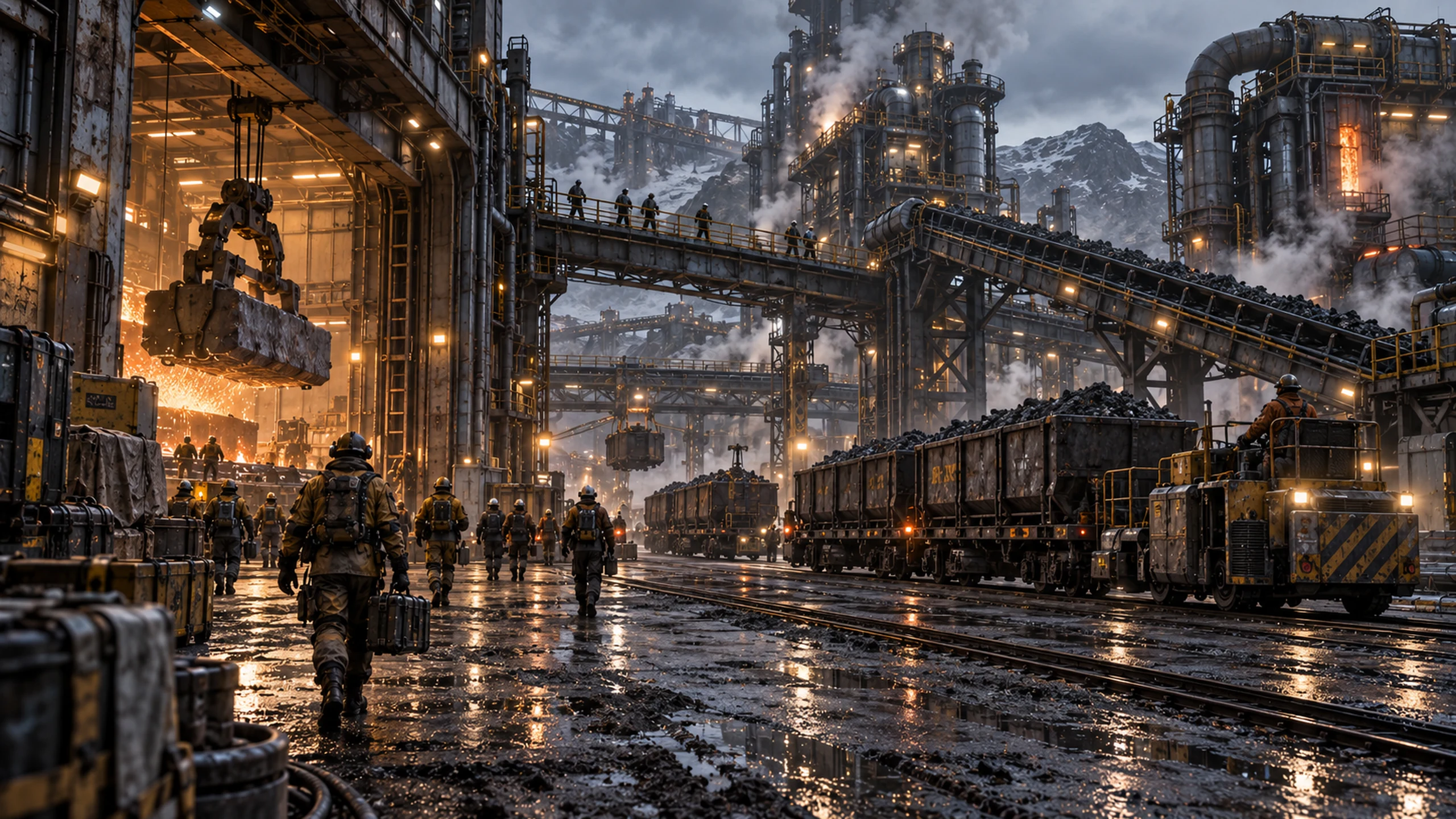 Workers and freight vehicles move between heavy industrial buildings.